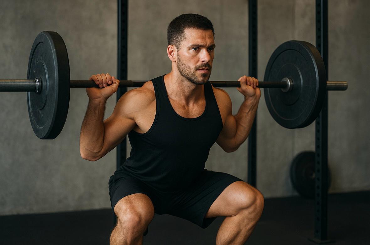Back squat exercise demonstrating proper form and technique